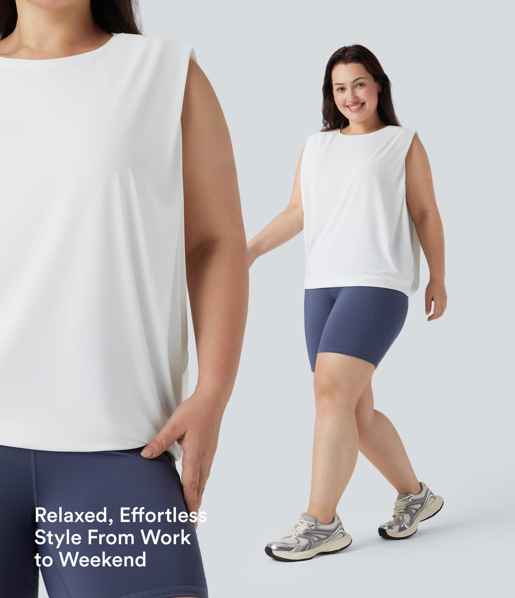 Plus Size Round Neck InstantCool Yoga Tank Top-UPF50+ — White — view 6