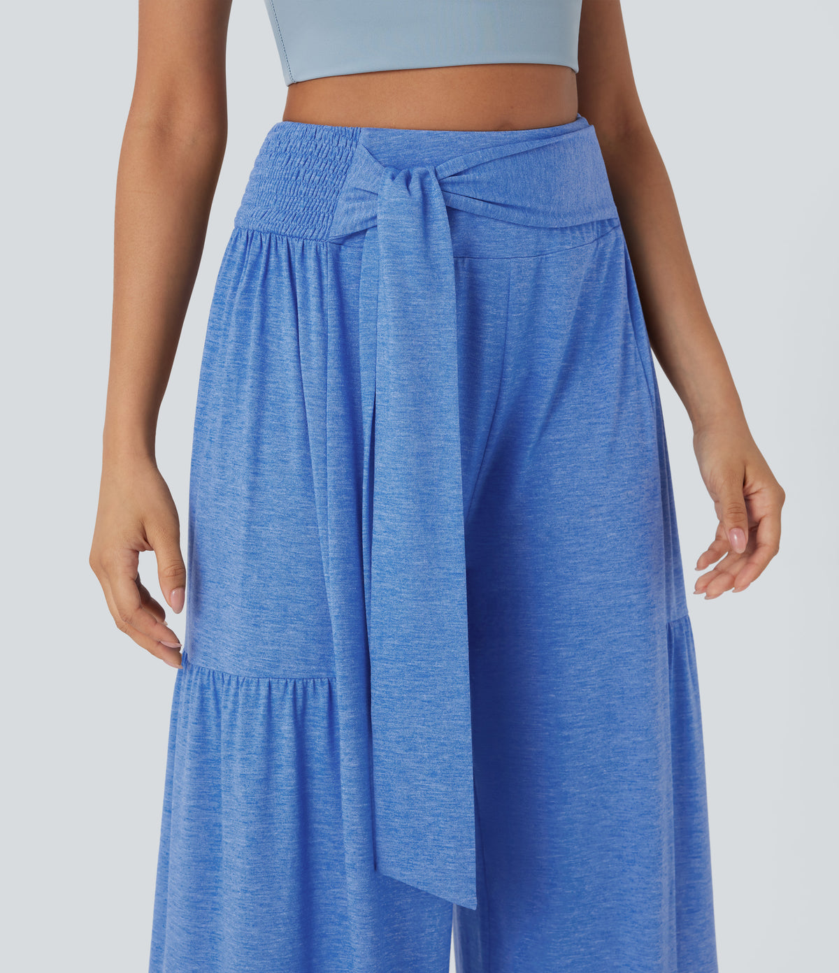 High Waisted Shirred Tie Front & Back Wide Leg Flowy Dance Trousers — Sky Blue Floral Yarn — view 7