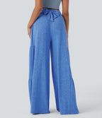 High Waisted Shirred Tie Front & Back Wide Leg Flowy Dance Trousers — Sky Blue Floral Yarn — view 4