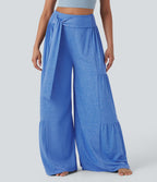 High Waisted Shirred Tie Front & Back Wide Leg Flowy Dance Trousers — Sky Blue Floral Yarn — view 3
