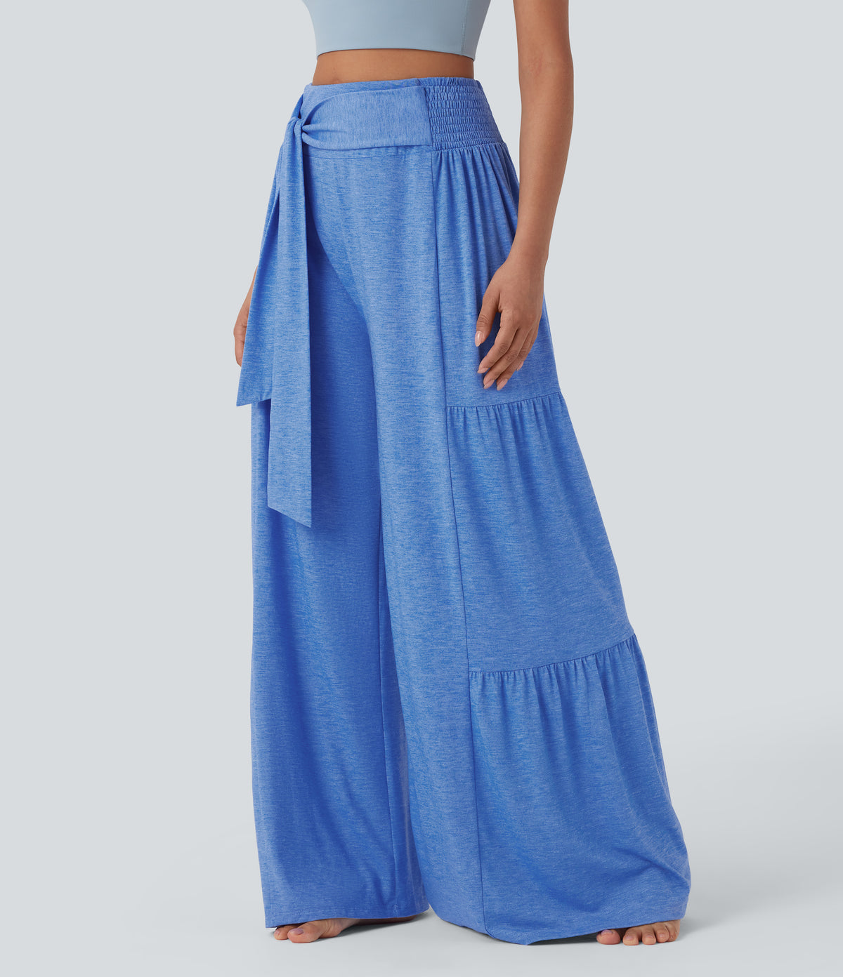 High Waisted Shirred Tie Front & Back Wide Leg Flowy Dance Trousers — Sky Blue Floral Yarn — view 1