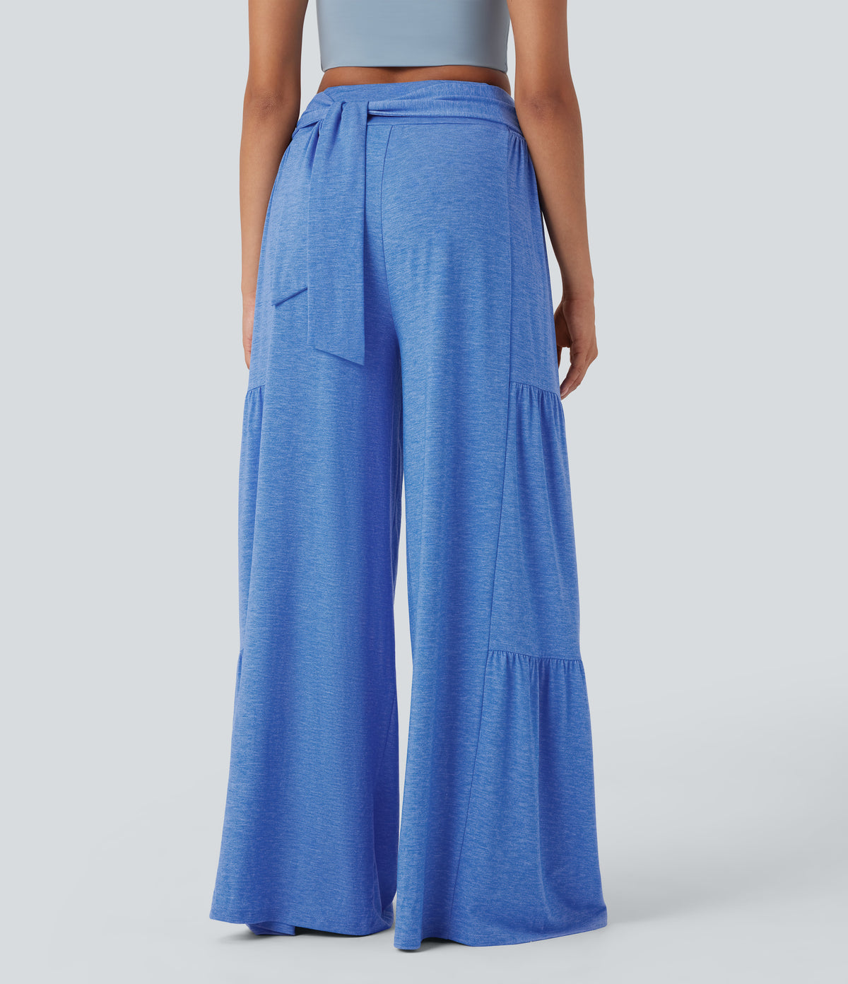 High Waisted Shirred Tie Front & Back Wide Leg Flowy Dance Trousers — Sky Blue Floral Yarn — view 5