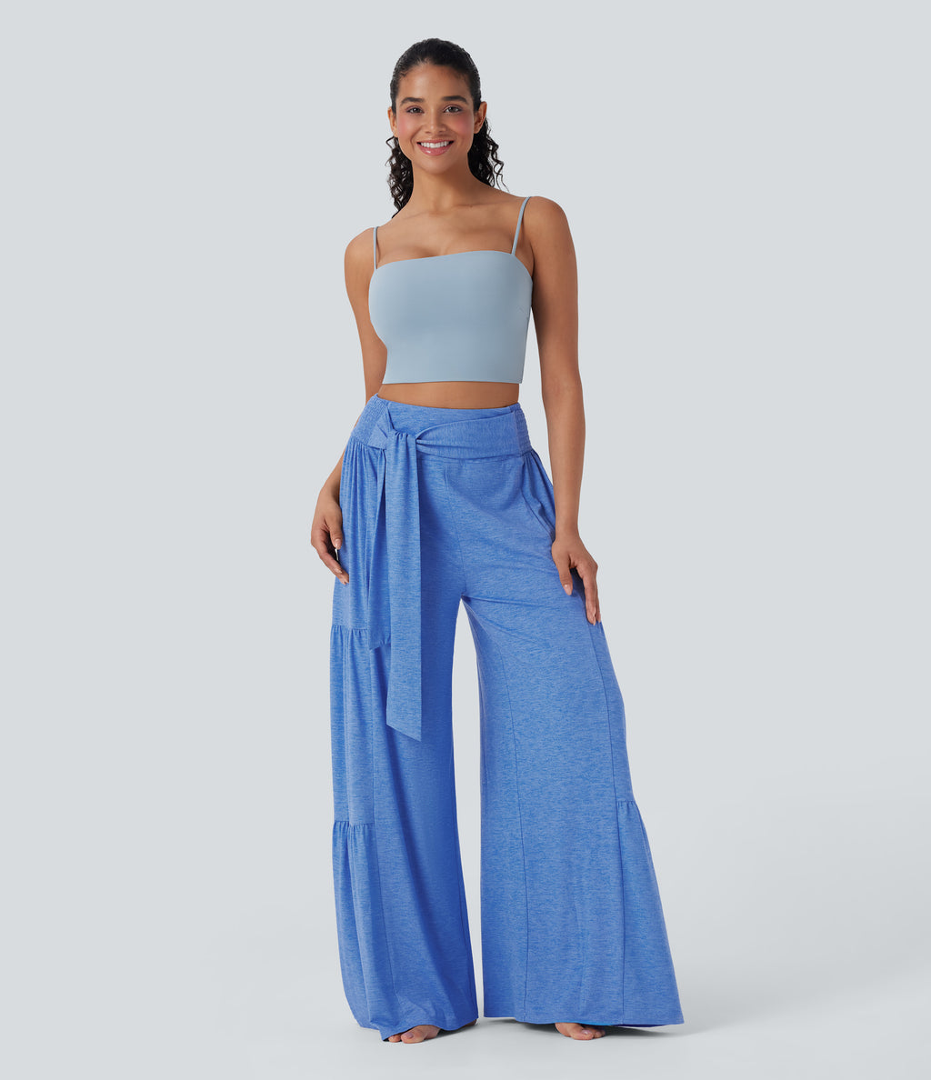 High Waisted Shirred Tie Front & Back Wide Leg Flowy Dance Trousers — Sky Blue Floral Yarn — view 8