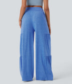 High Waisted Shirred Tie Front & Back Wide Leg Flowy Dance Trousers — Sky Blue Floral Yarn — view 2