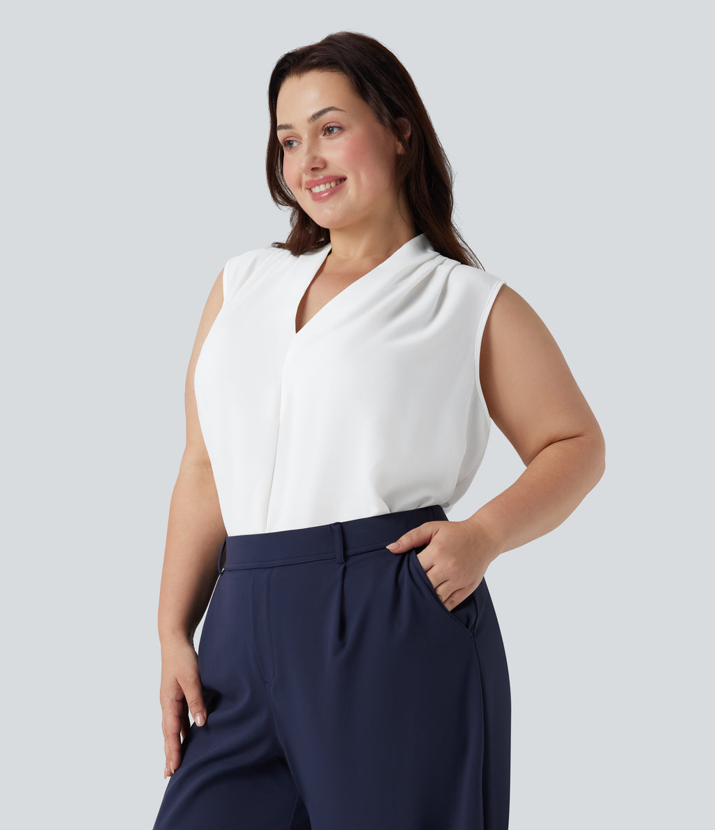 V Neck Sleeveless Work Plus Size Blouse — White — view 3