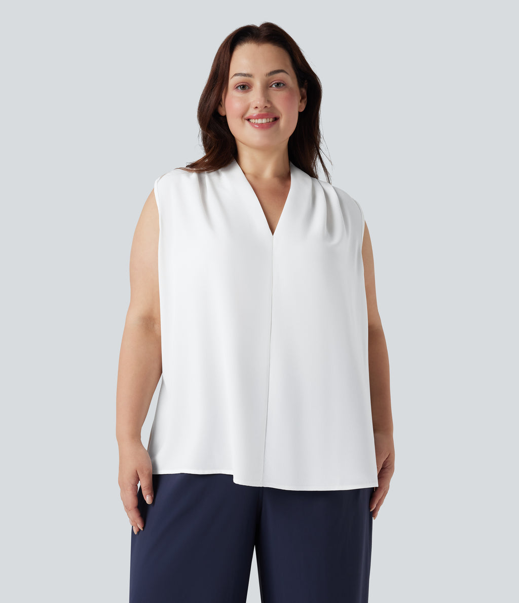V Neck Sleeveless Work Plus Size Blouse — White — view 5