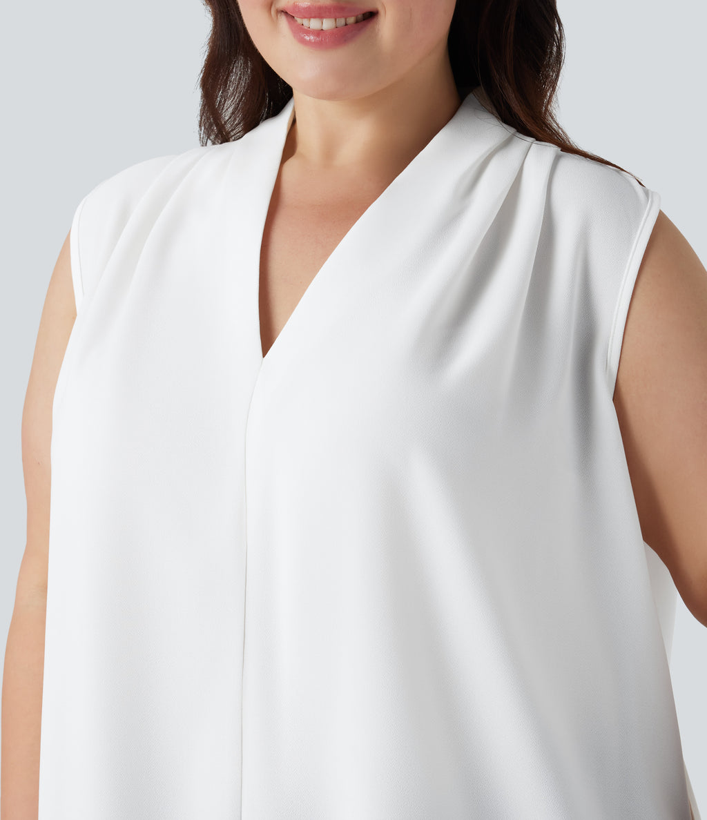 V Neck Sleeveless Work Plus Size Blouse — White — view 4