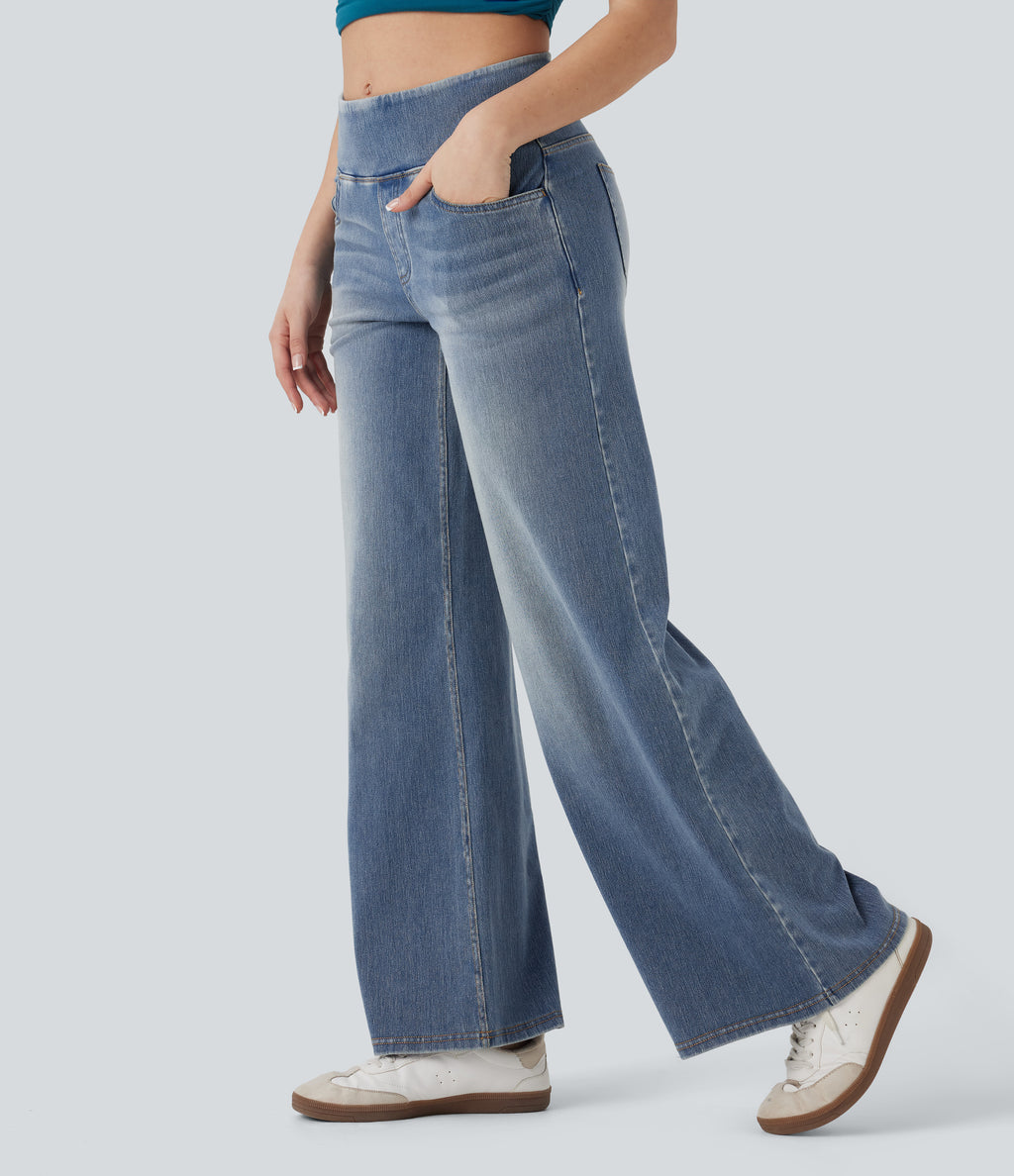 Mid Rise Tummy Control Casual Baggy Jeans with Pockets — Tide Blue Denim — view 3