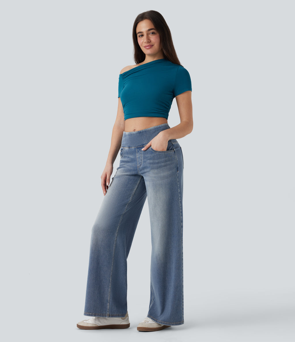 Mid Rise Tummy Control Casual Baggy Jeans with Pockets — Tide Blue Denim — view 6
