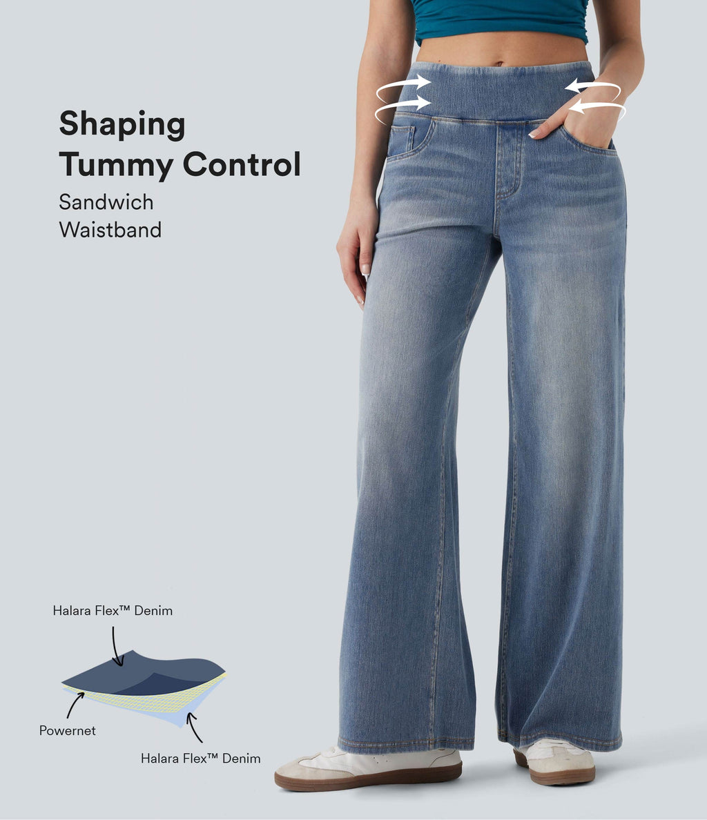 Mid Rise Tummy Control Casual Baggy Jeans with Pockets — Tide Blue Denim — view 1