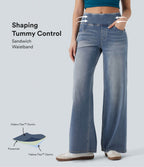 Mid Rise Tummy Control Casual Baggy Jeans with Pockets — Tide Blue Denim — view 1