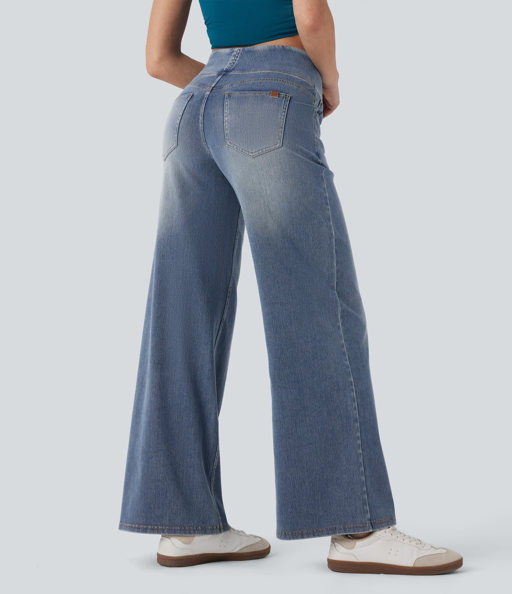 Mid Rise Tummy Control Casual Baggy Jeans with Pockets — Tide Blue Denim — view 2