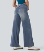 Mid Rise Tummy Control Casual Baggy Jeans with Pockets — Tide Blue Denim — view 2
