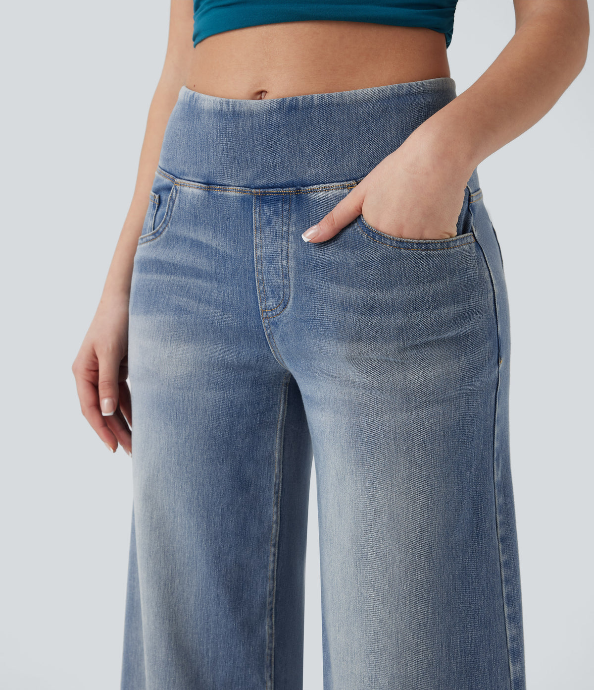 Mid Rise Tummy Control Casual Baggy Jeans with Pockets — Tide Blue Denim — view 4