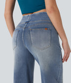 Mid Rise Tummy Control Casual Baggy Jeans with Pockets — Tide Blue Denim — view 5