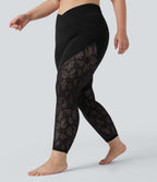 High Waisted Crossover Contrast Lace 7/8 Yoga Plus Size Leggings with Pockets — Black — view 3