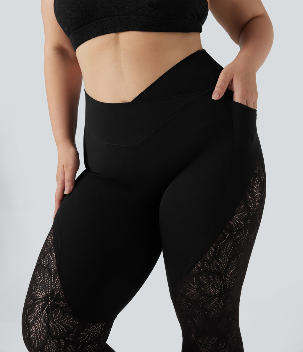 High Waisted Crossover Contrast Lace 7/8 Yoga Plus Size Leggings with Pockets — Black — view 4