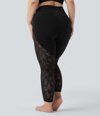 High Waisted Crossover Contrast Lace 7/8 Yoga Plus Size Leggings with Pockets — Black — view 2