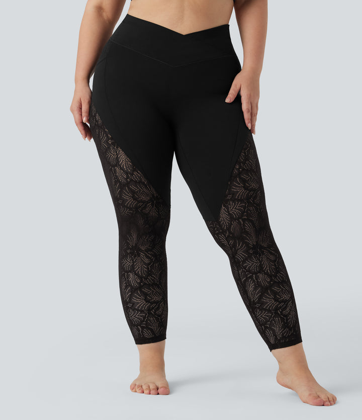 High Waisted Crossover Contrast Lace 7/8 Yoga Plus Size Leggings with Pockets — Black — view 1