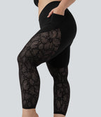 High Waisted Crossover Contrast Lace 7/8 Yoga Plus Size Leggings with Pockets — Black — view 6