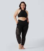 High Waisted Crossover Contrast Lace 7/8 Yoga Plus Size Leggings with Pockets — Black — view 7