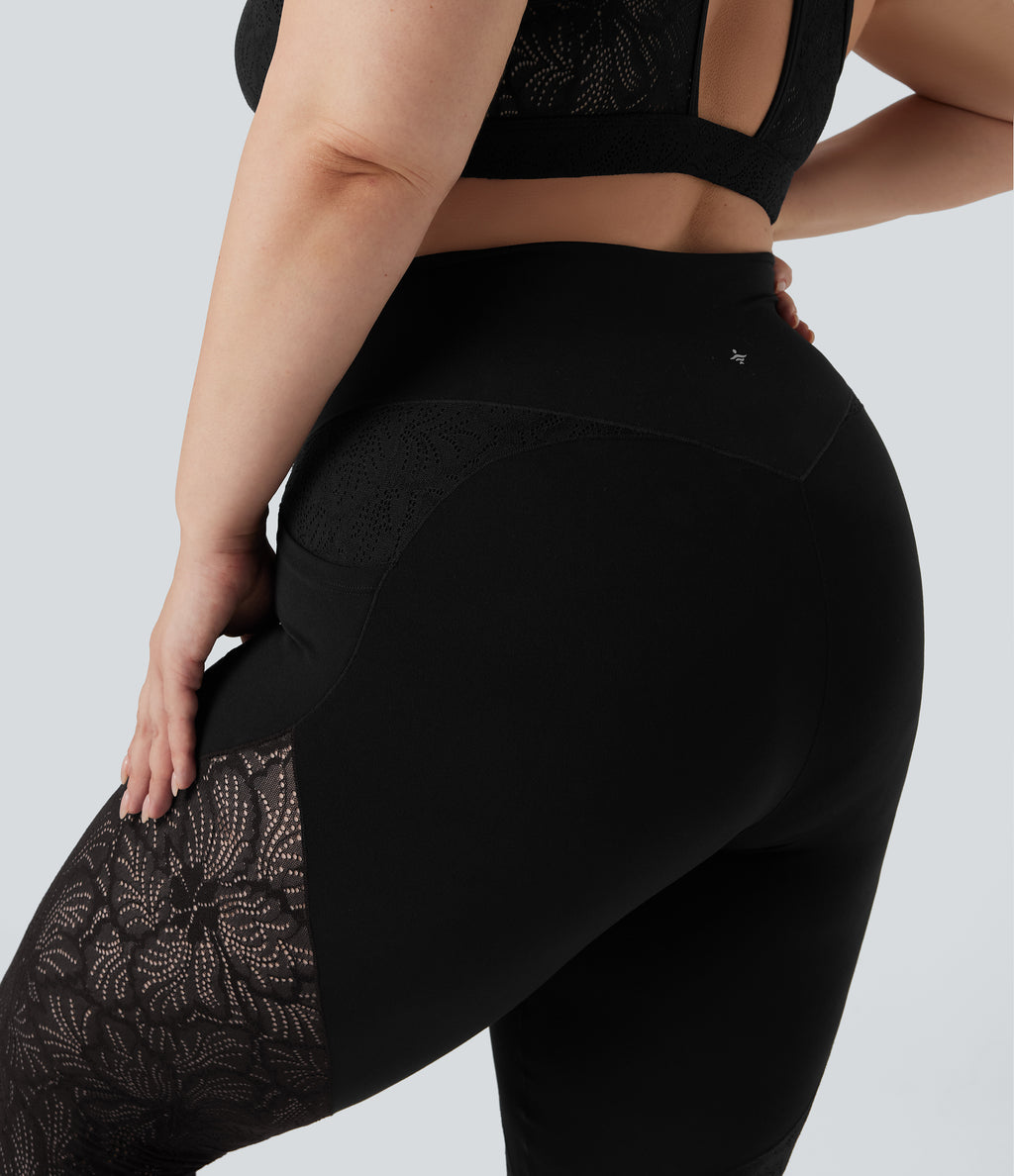 High Waisted Crossover Contrast Lace 7/8 Yoga Plus Size Leggings with Pockets — Black — view 5