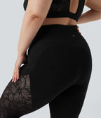 High Waisted Crossover Contrast Lace 7/8 Yoga Plus Size Leggings with Pockets — Black — view 5