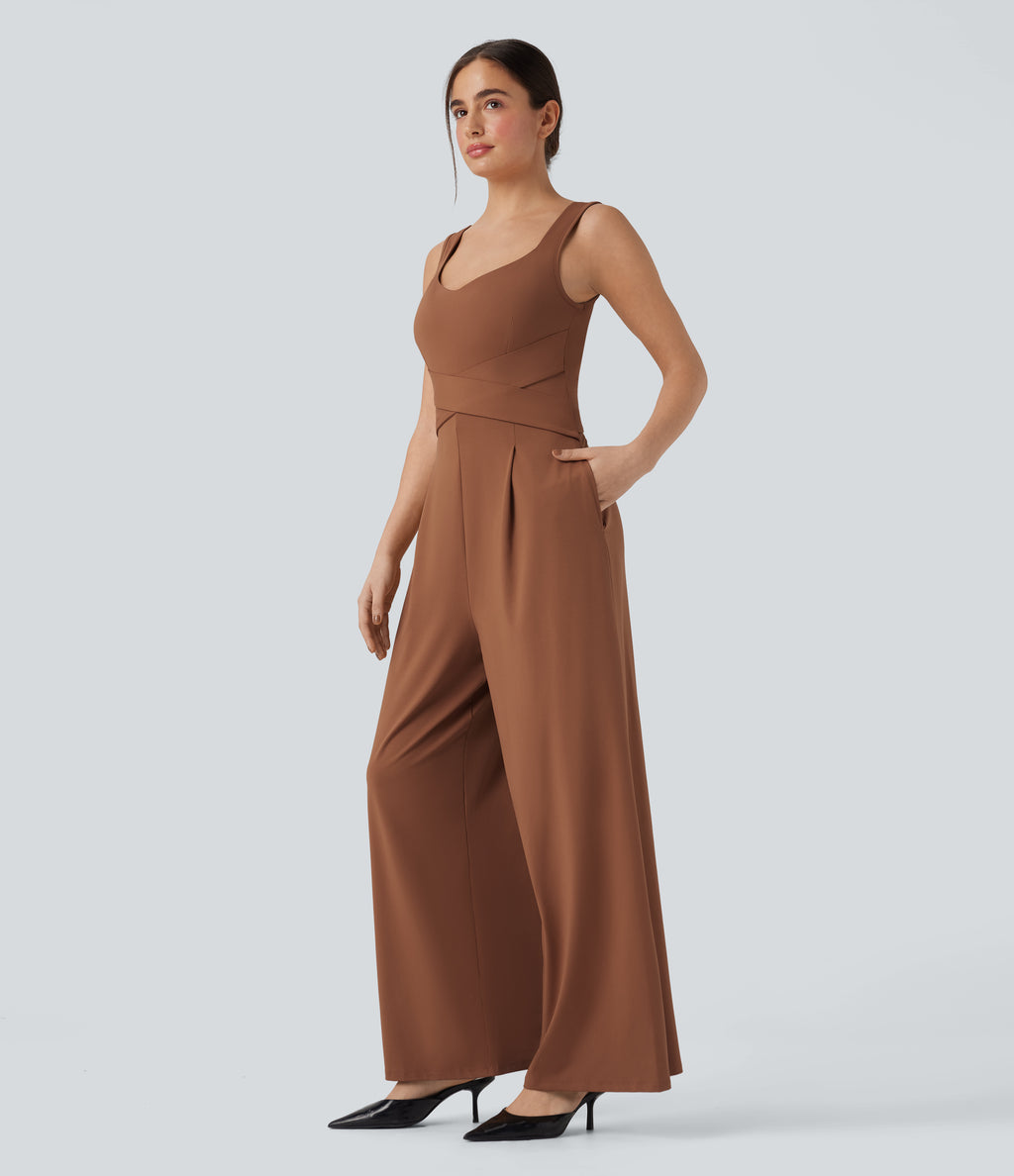 U Back Sleeveless Casual Jumpsuit with Pockets-Edition — Rust Red — view 3