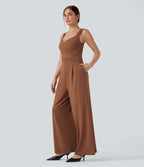 U Back Sleeveless Casual Jumpsuit with Pockets-Edition — Rust Red — view 3