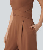 U Back Sleeveless Casual Jumpsuit with Pockets-Edition — Rust Red — view 7
