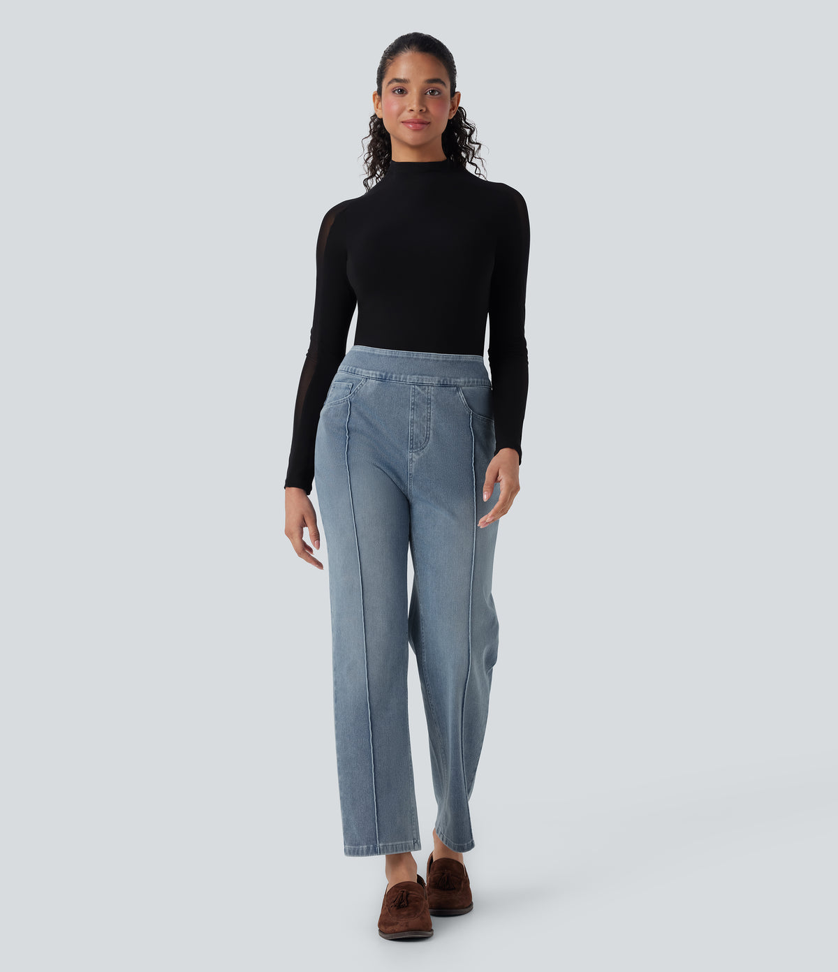 High Waisted Straight Leg Casual Jeans with Pockets — Powder Blue Denim — view 6