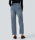 High Waisted Straight Leg Casual Jeans with Pockets — Powder Blue Denim — view 2