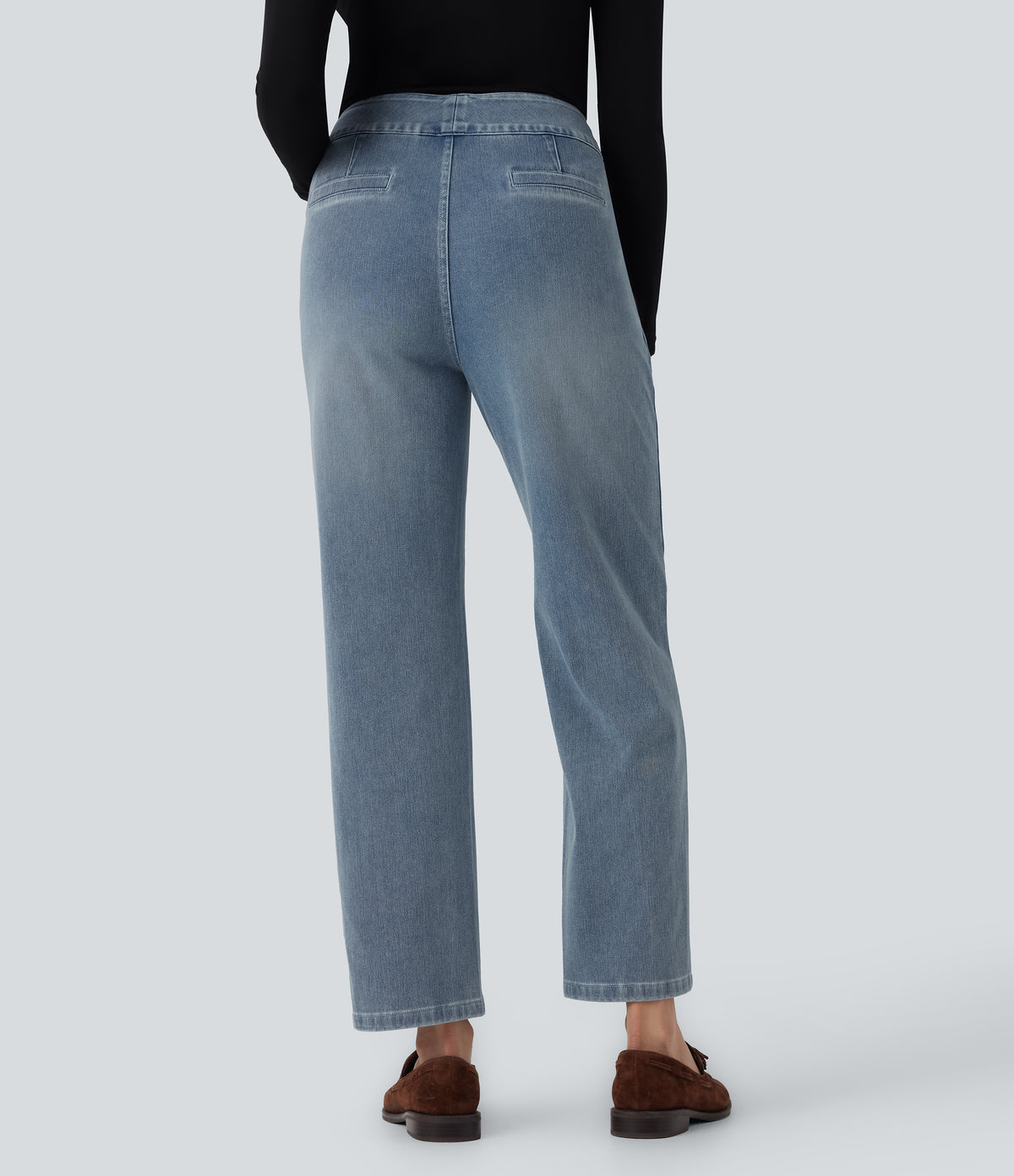 High Waisted Straight Leg Casual Jeans with Pockets — Powder Blue Denim — view 2