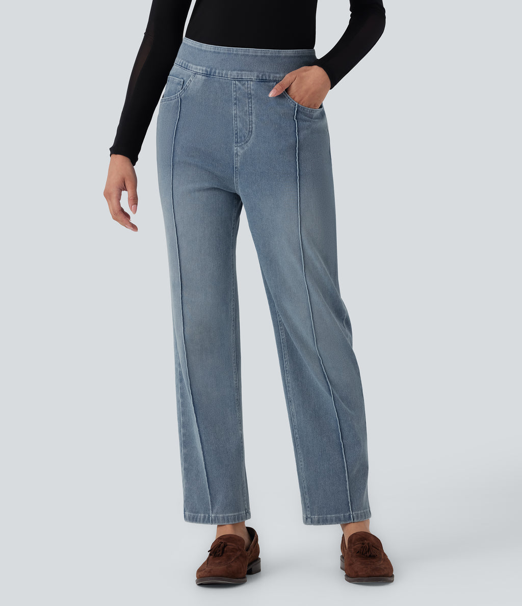 High Waisted Straight Leg Casual Jeans with Pockets — Powder Blue Denim — view 1