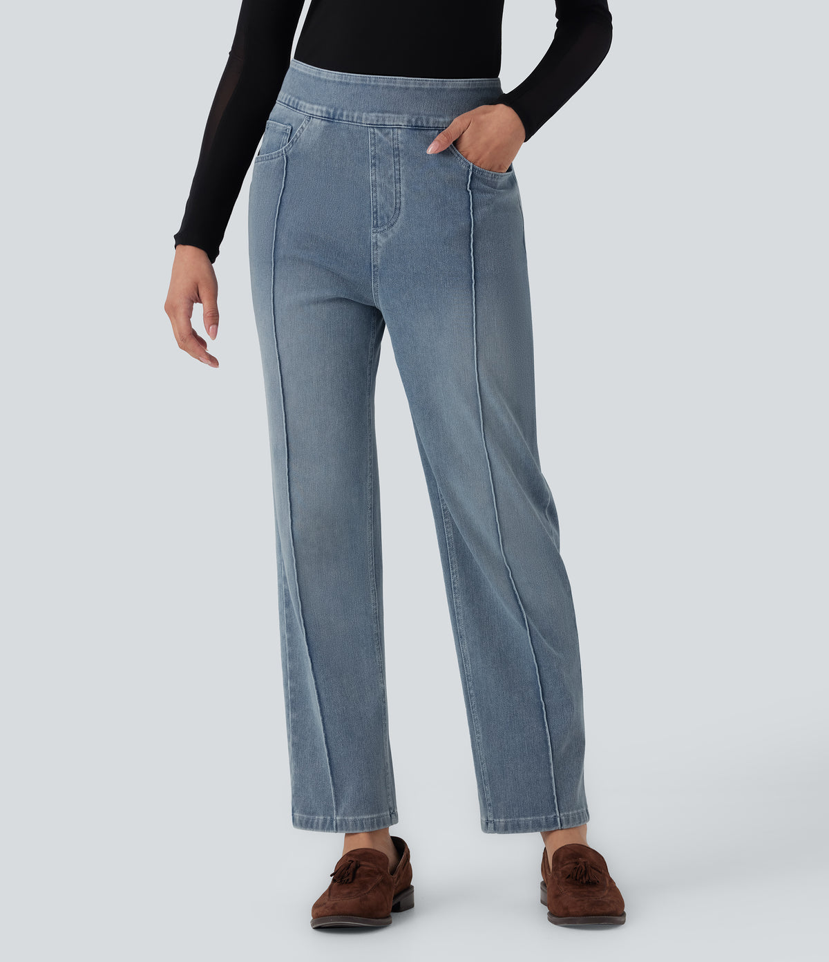 High Waisted Straight Leg Casual Jeans with Pockets — Powder Blue Denim — view 1
