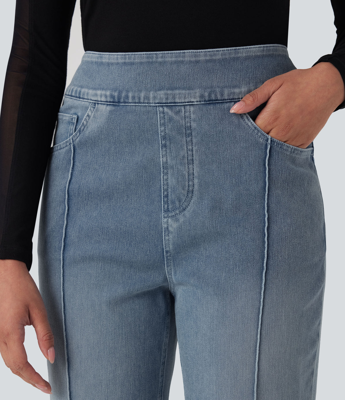 High Waisted Straight Leg Casual Jeans with Pockets — Powder Blue Denim — view 4