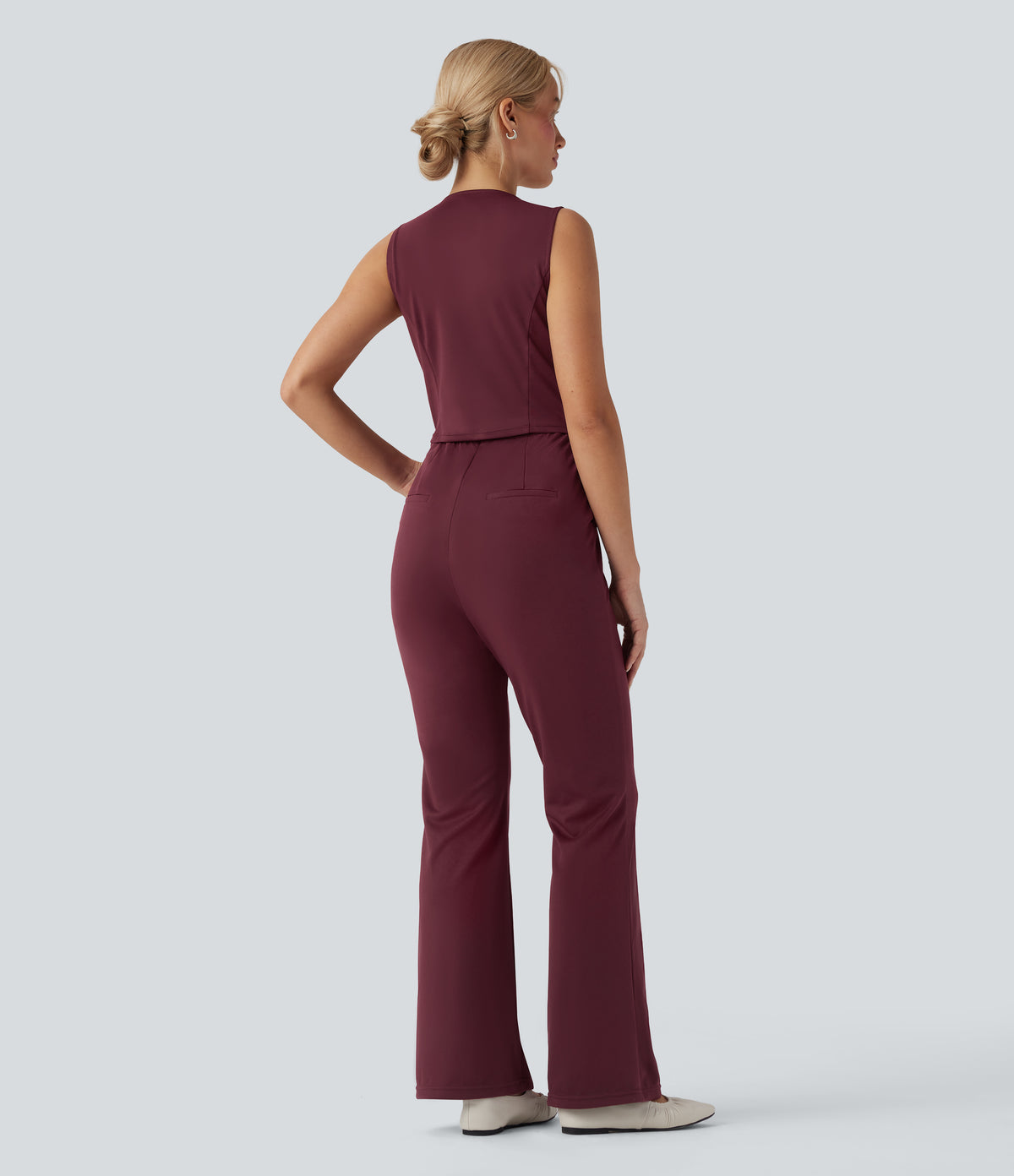 V Neck Sleeveless Casual Bootcut Jumpsuit with Pockets-Edition — Zinfandel — view 2