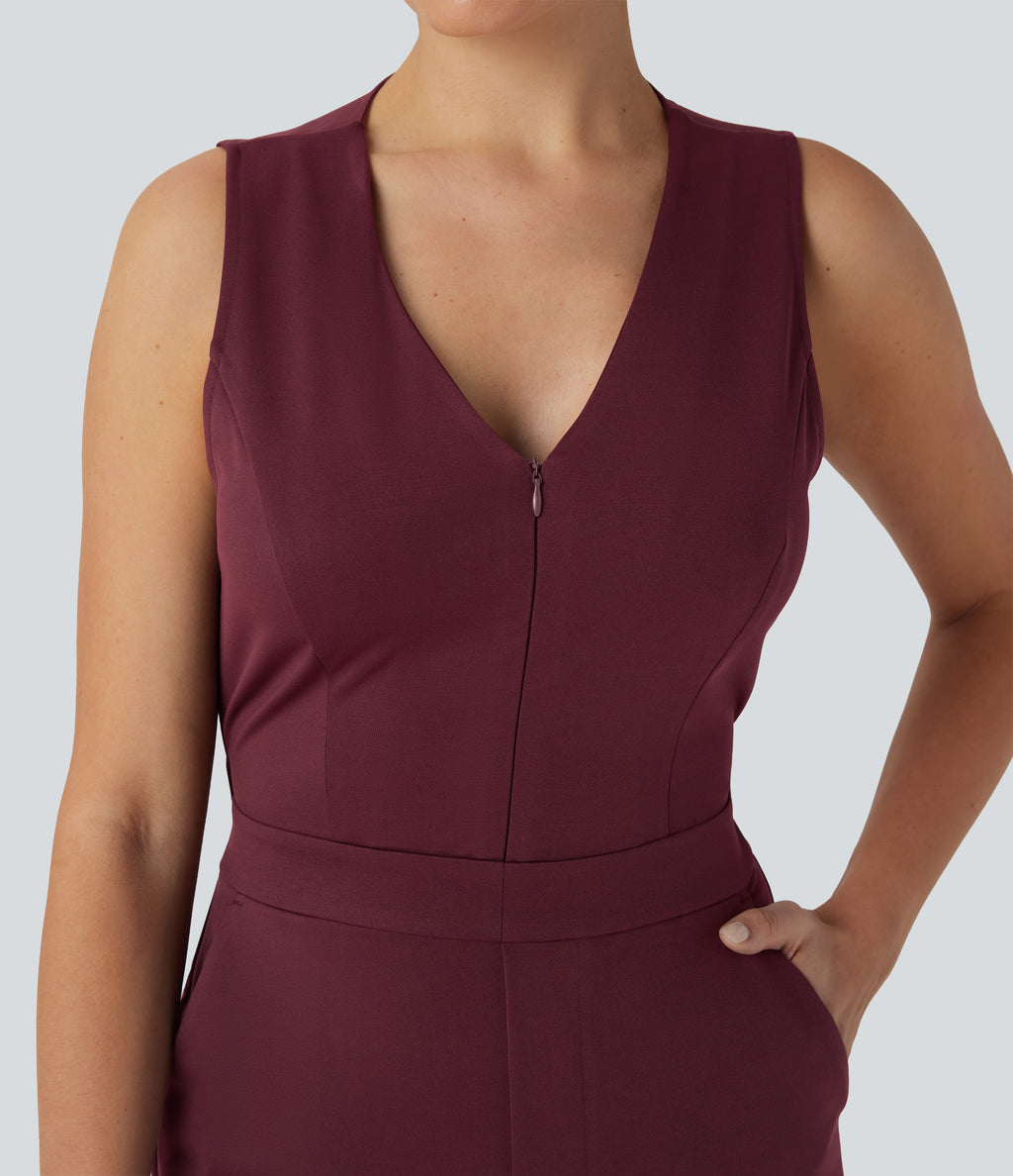 V Neck Sleeveless Casual Bootcut Jumpsuit with Pockets-Edition — Zinfandel — view 5