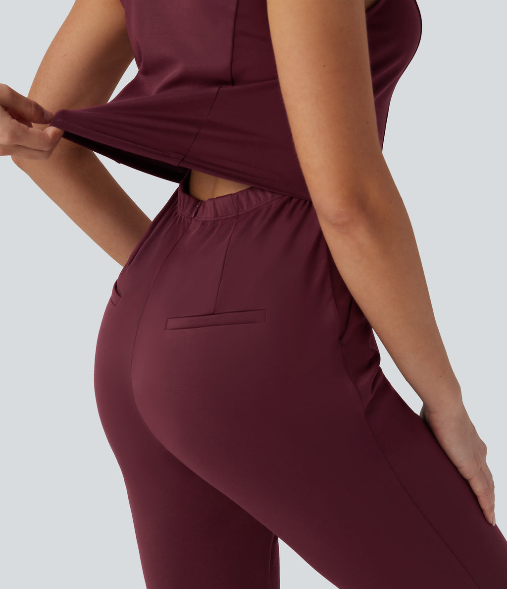 V Neck Sleeveless Casual Bootcut Jumpsuit with Pockets-Edition — Zinfandel — view 4
