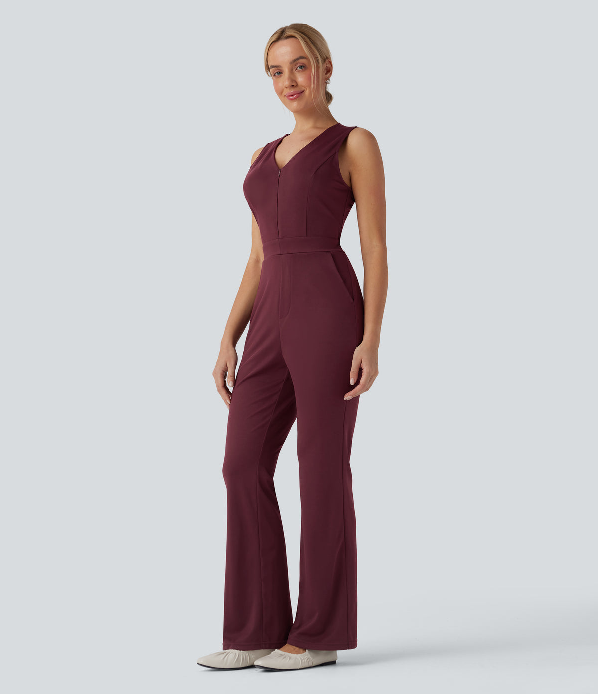 V Neck Sleeveless Casual Bootcut Jumpsuit with Pockets-Edition — Zinfandel — view 3