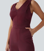 V Neck Sleeveless Casual Bootcut Jumpsuit with Pockets-Edition — Zinfandel — view 6