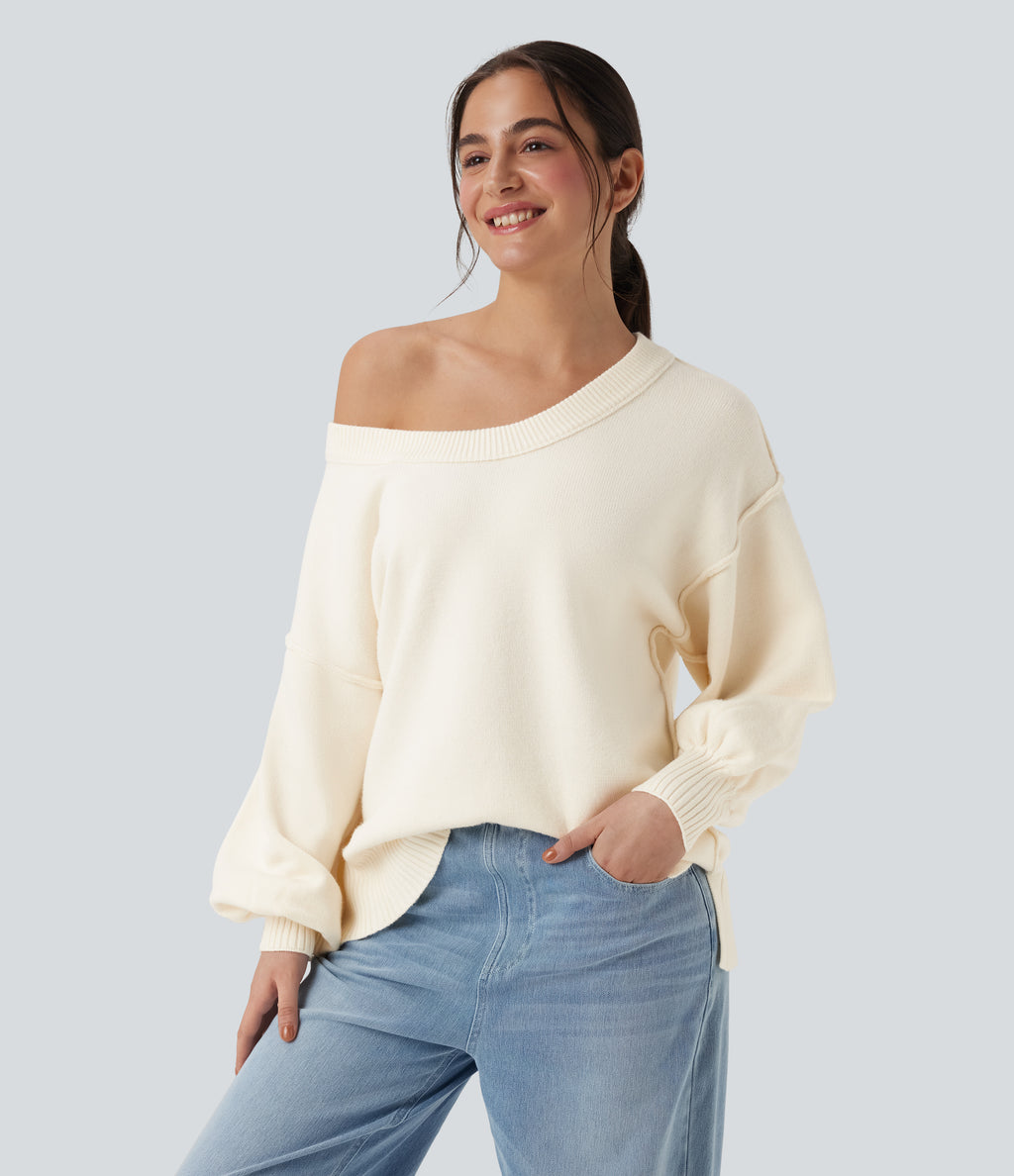 V Neck Dropped Shoulder Long Sleeve Split Casual Jumper — Gardenia — view 1