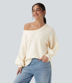 V Neck Dropped Shoulder Long Sleeve Split Casual Jumper — Gardenia — view 1