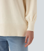 V Neck Dropped Shoulder Long Sleeve Split Casual Jumper — Gardenia — view 7
