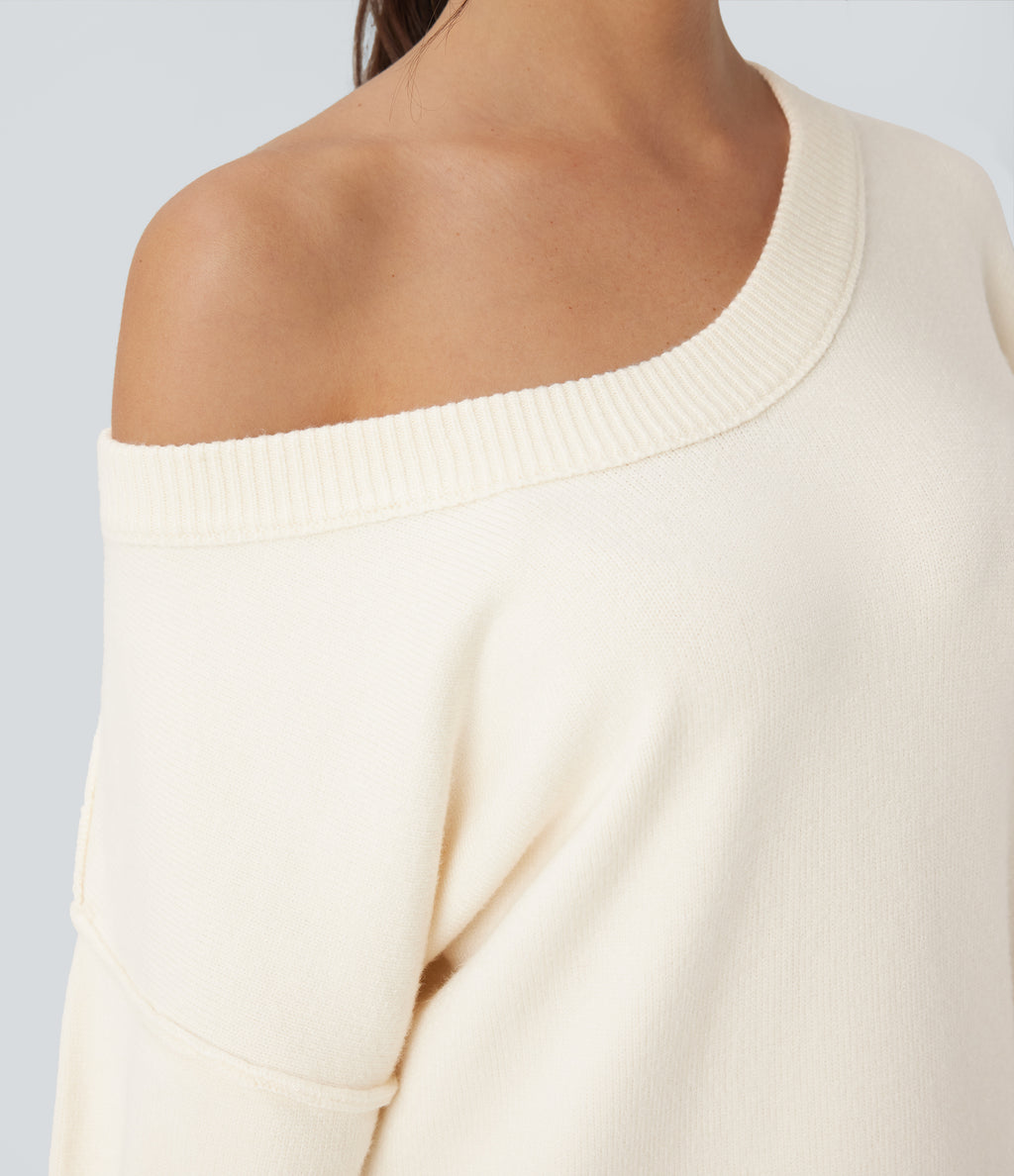 V Neck Dropped Shoulder Long Sleeve Split Casual Jumper — Gardenia — view 5