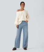 V Neck Dropped Shoulder Long Sleeve Split Casual Jumper — Gardenia — view 8