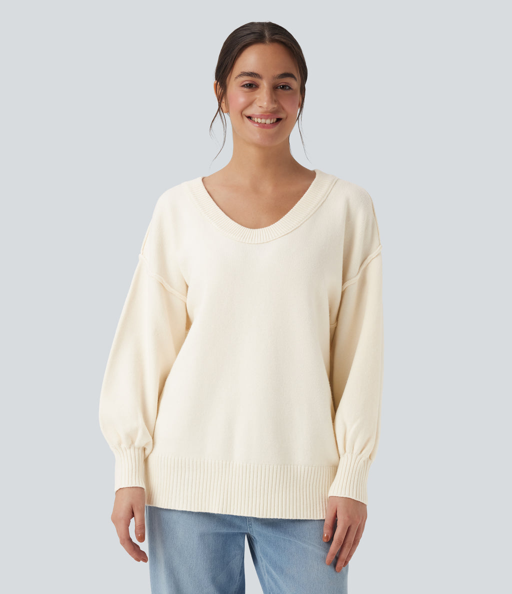 V Neck Dropped Shoulder Long Sleeve Split Casual Jumper — Gardenia — view 2