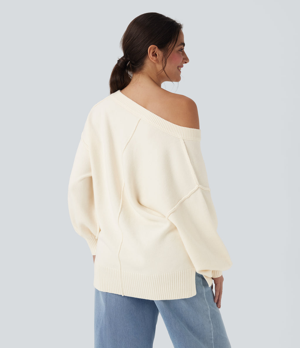 V Neck Dropped Shoulder Long Sleeve Split Casual Jumper — Gardenia — view 3
