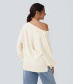 V Neck Dropped Shoulder Long Sleeve Split Casual Jumper — Gardenia — view 3