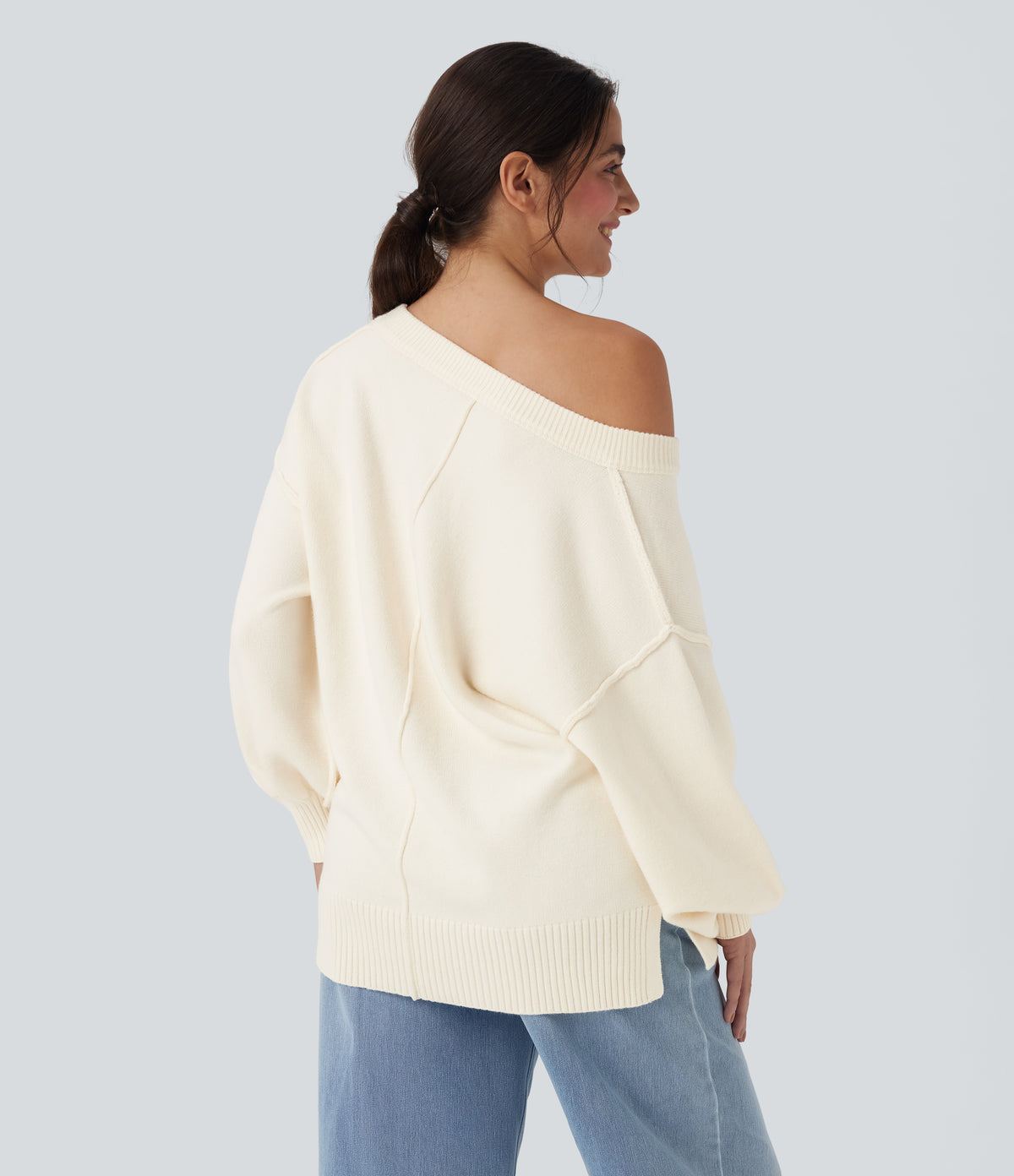 V Neck Dropped Shoulder Long Sleeve Split Casual Jumper — Gardenia — view 3